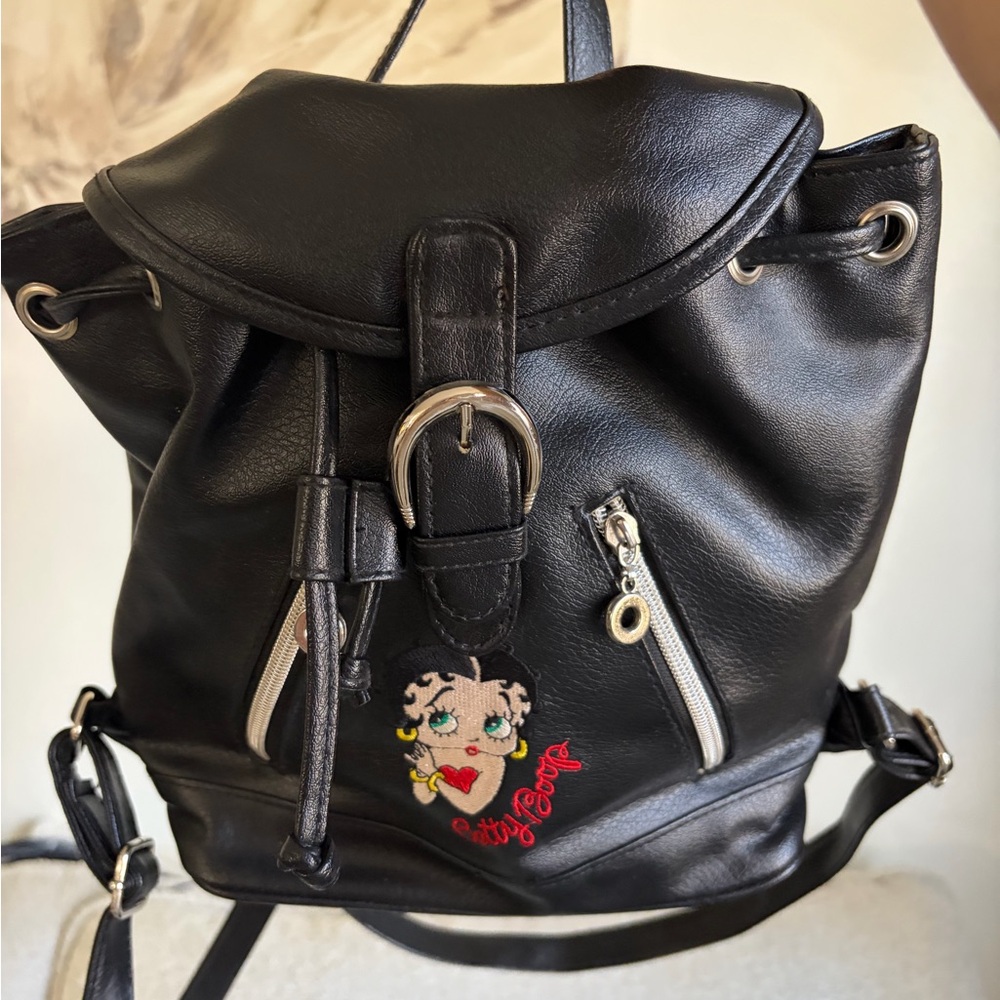 Vintage 1998 Betty Boop Black Faux Leather Backpack Bag